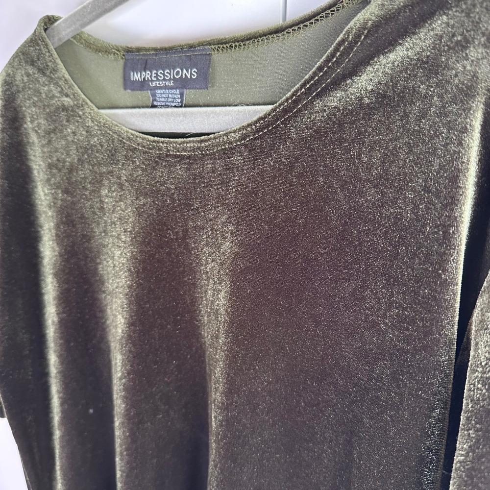 VTG Impressions Lifestyle Velvet Shirt Womens M Short Sleeve Olive Green 90s Y2K - Picture 3 of 7